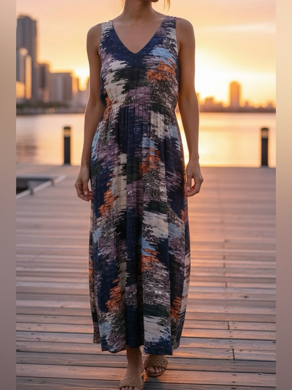 ELK The Label Sz 6 Maxi Dress V Neck Sleeveless Brush Abstract Print Multicolor